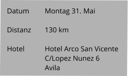 Datum 	Montag 31. Mai   Distanz	130 km   Hotel		Hotel Arco San Vicente C/Lopez Nunez 6 Avila