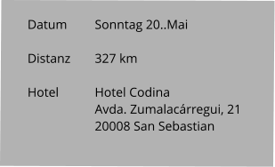 Datum 	Sonntag 20..Mai   Distanz	327 km   Hotel		Hotel Codina Avda. Zumalacárregui, 21 20008 San Sebastian