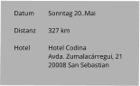 Datum 	Sonntag 20..Mai   Distanz	327 km   Hotel	Hotel Codina Avda. Zumalacárregui, 21 20008 San Sebastian