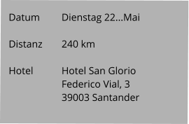 Datum 	Dienstag 22...Mai   Distanz	240 km   Hotel		Hotel San Glorio Federico Vial, 3 39003 Santander
