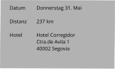 Datum 	Donnerstag 31. Mai  Distanz	237 km   Hotel	Hotel Corregidor Ctra.de Avila 1 40002 Segovia